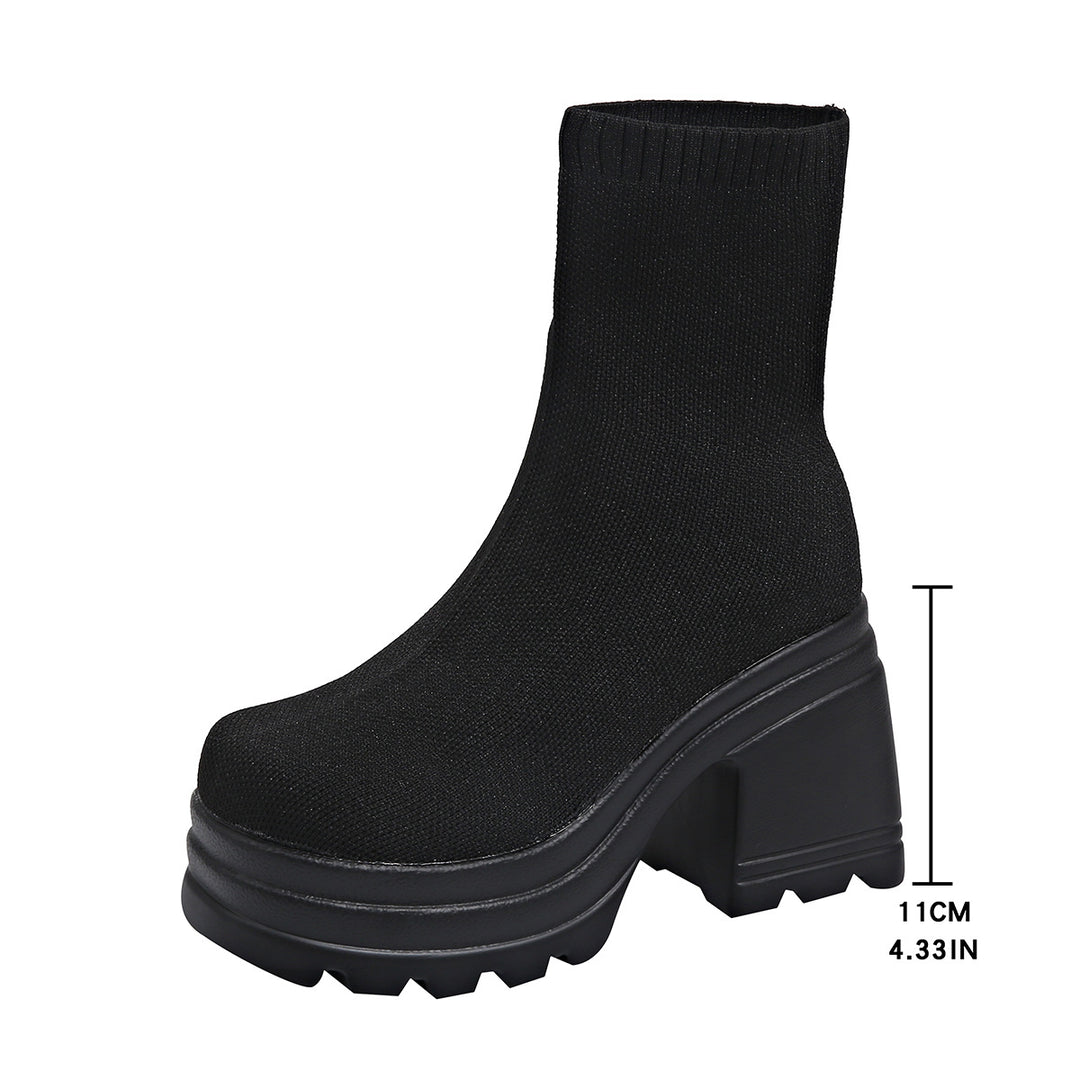 Damen Chunky Stiefeletten mit hohem Absatz und flexiblem Strickdesign EB