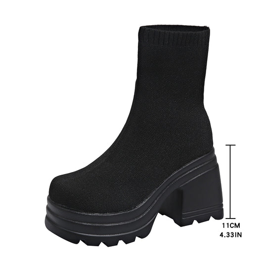 Damen Chunky Stiefeletten mit hohem Absatz und flexiblem Strickdesign EB