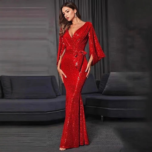 Damen Glamouröses Pailletten-Abendkleid mit tiefem V-Ausschnitt und fließendem Rock EB