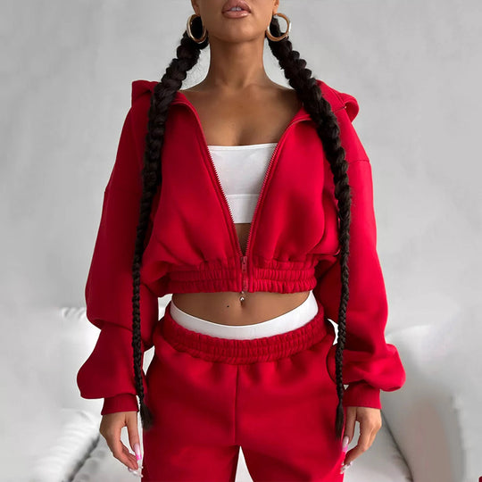 Damen Cropped‑Zip‑Hoodie mit Ballonärmeln und hochgeschnittener Jogginghose mit gerafftem Taillenbund EB