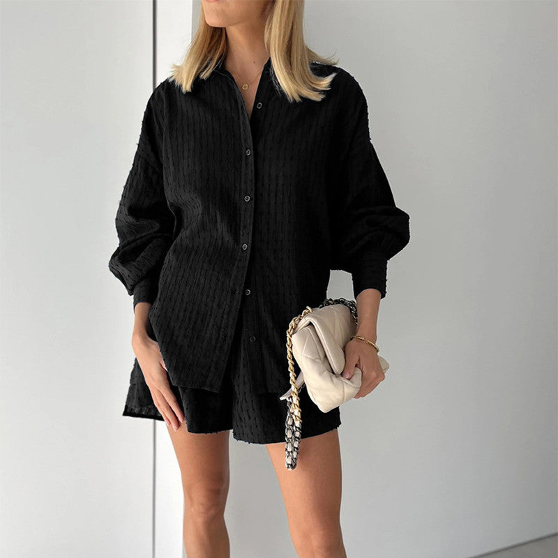 Damen lässiges Hemd-Shorts-Set mit elegantem Webmuster EB