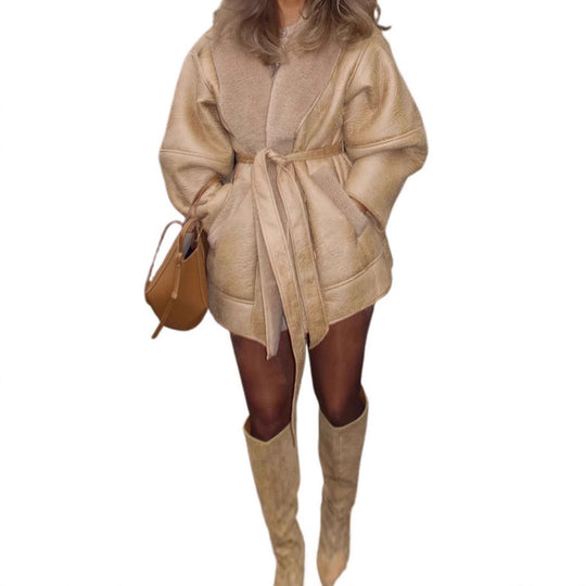 Damen Oversized Kunstfellmantel mit taillierbarem Gürtel und voluminösen Ärmeln EB