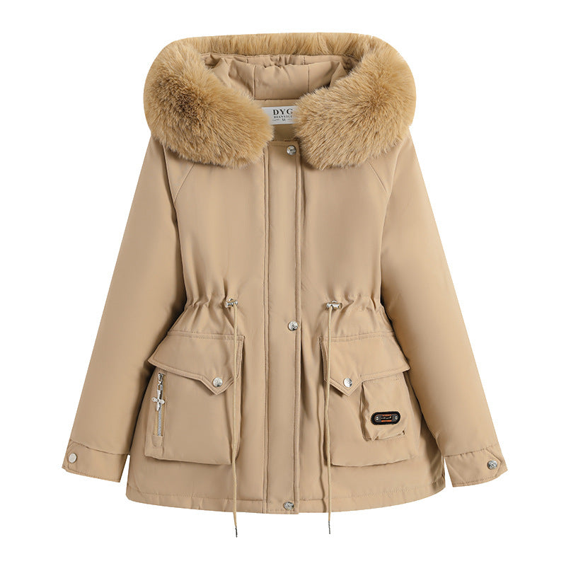 Damen nan kurzer Thermo-Parka mit voluminösem Schalkragen in Webpelzoptik und taillierendem Tunnelzug EB