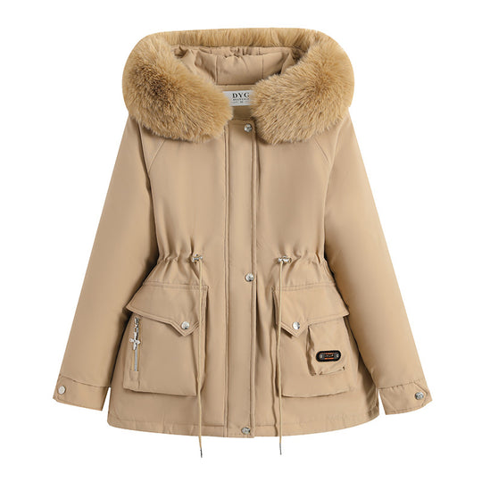 Damen nan kurzer Thermo-Parka mit voluminösem Schalkragen in Webpelzoptik und taillierendem Tunnelzug EB