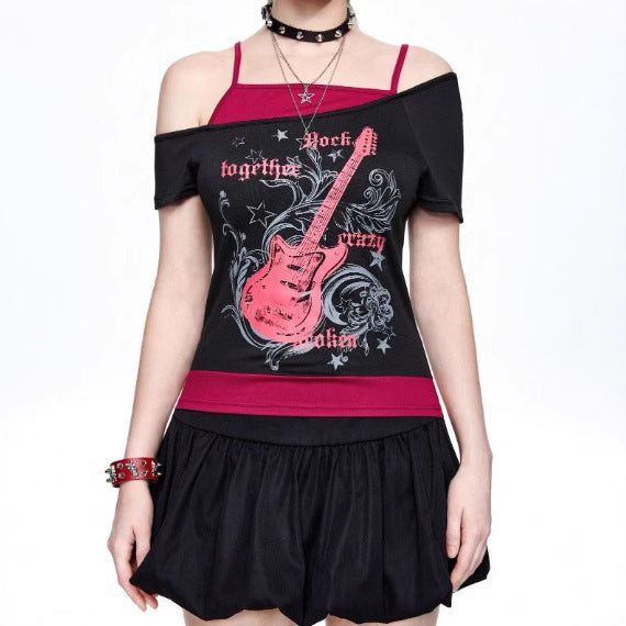 Damen Asymmetrisches Rock-T-Shirt mit grafischem Druck EB
