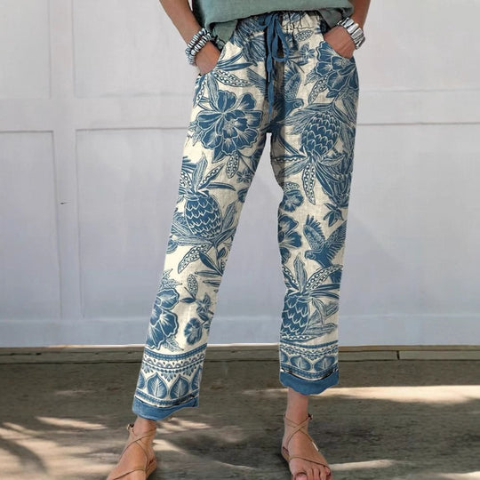 Damen Leinenoptik-Hose mit floralem Print, weitem Bein und Tunnelzug EB