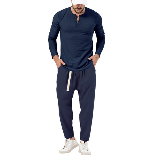 Herren lässiges Langarm-Henley-Shirt kombiniert mit eleganter Jogginghose EB