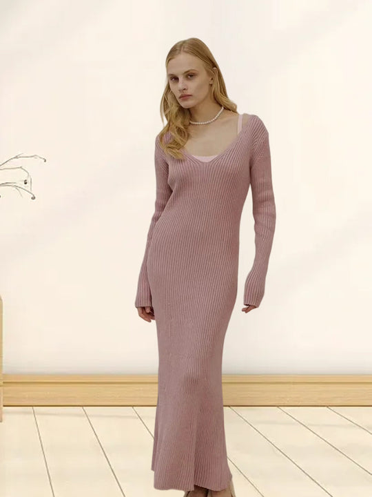 Damen Langarm-Strickkleid mit tiefem V-Ausschnitt und figurbetonter Silhouette EB