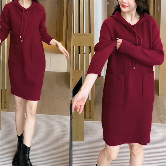 Damen Strickkleid mit Kapuze und praktischen Taschen EB