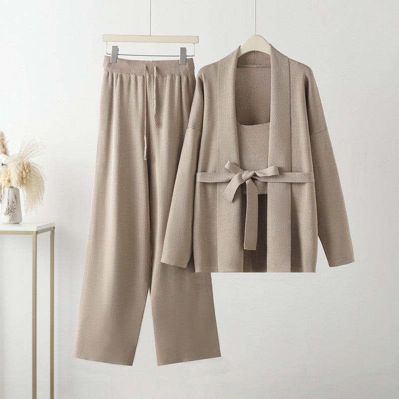 Damen gemütliches Freizeit-Loungewear-Set mit Bindegürtel und weitgeschnittenen Hosen EB