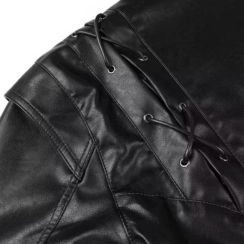 Damen Kunstlederjacke mit edlem Bindegürtel und raffinierten Schnürdetails EB