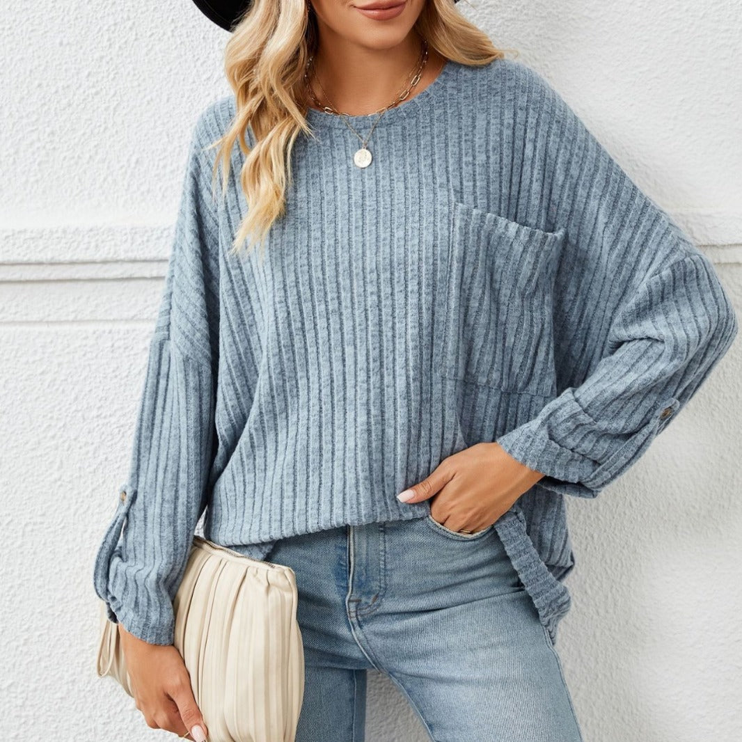 Damen lockeres Strickoberteil mit Baumwolldetail EB