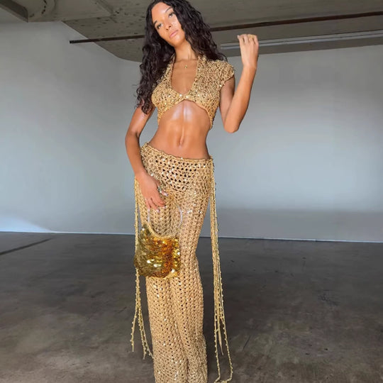 Damen Knöchellanges Glitzer-Overfit-Set mit funkelnden Details und fließendem Design EB