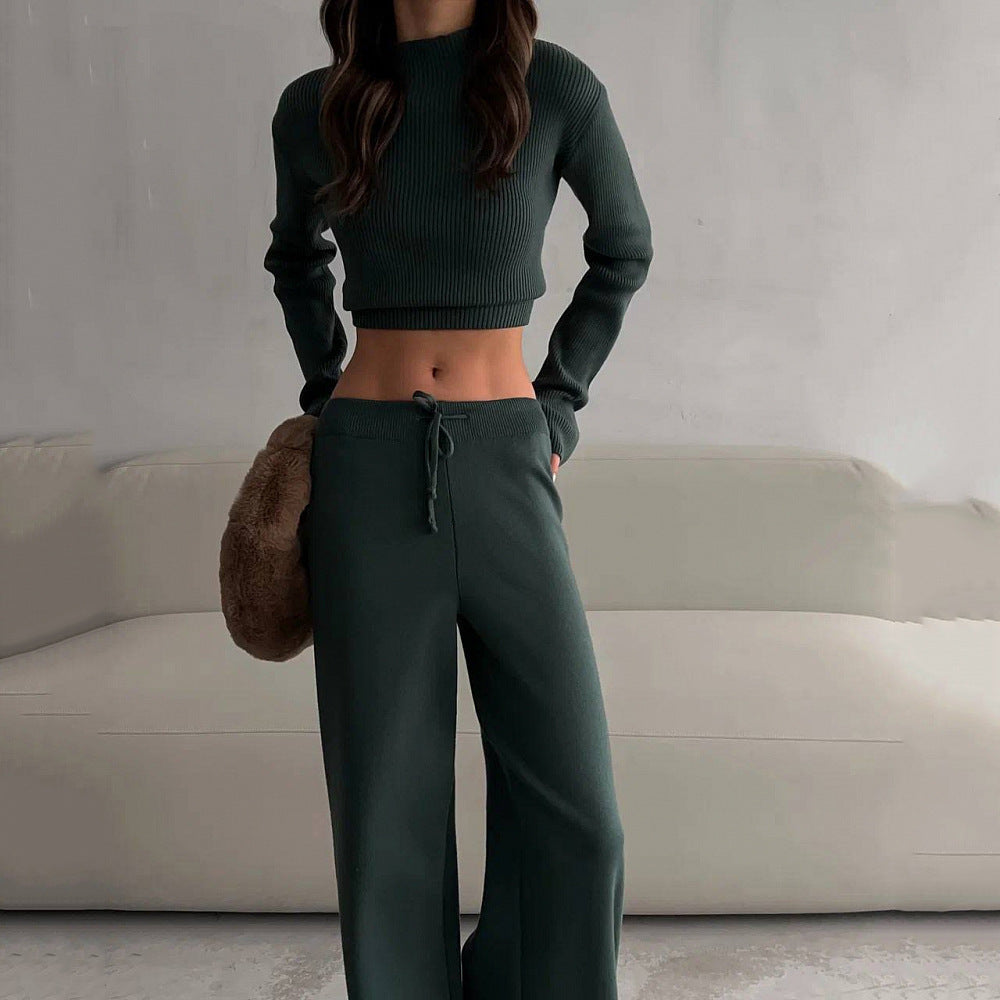 Damen Rippstrick-Cropped Loungewear-Set mit taillenhoher Kordelzug-Hose EB