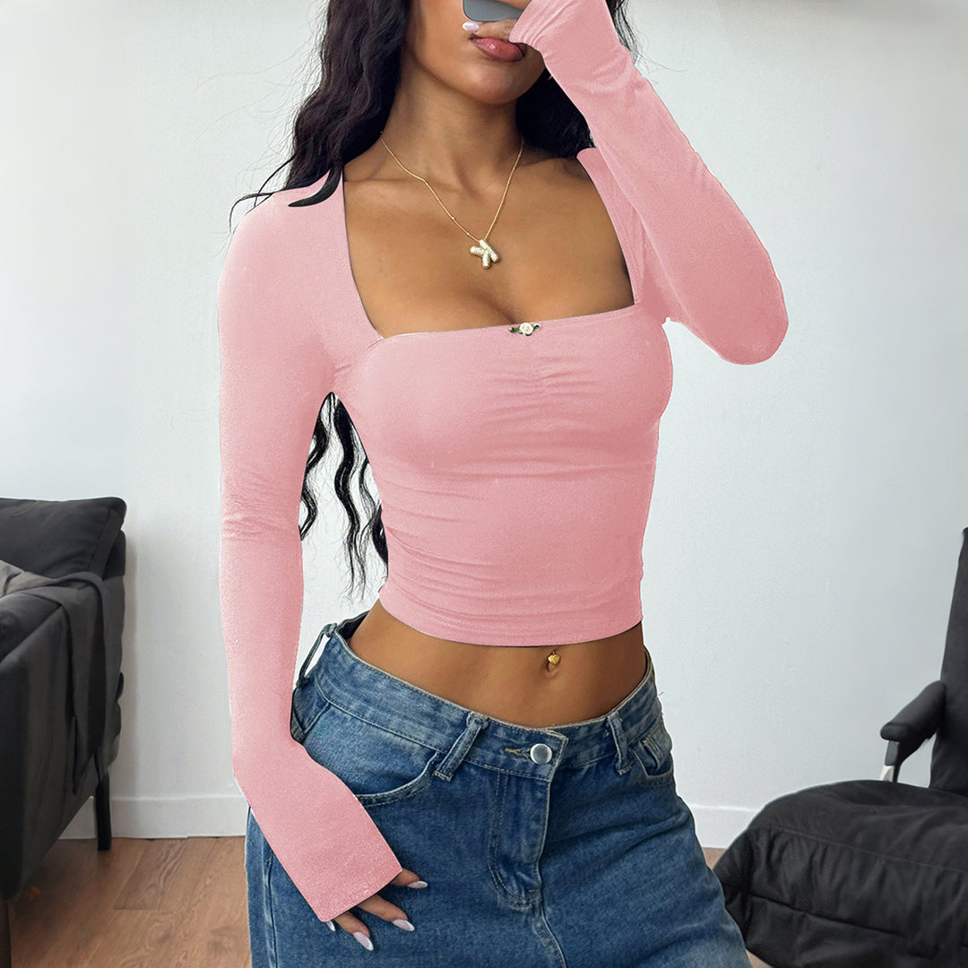 Damen nan tailliertes Langarm-Cropped-Top mit eckigem Ausschnitt, figurbetonter Passform und zierlichem Schmuckknopf-Detail EB