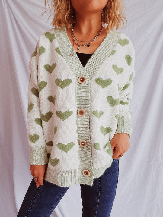 Damen Strickjacke mit herzförmigem Muster und knöpfbarem Design EB