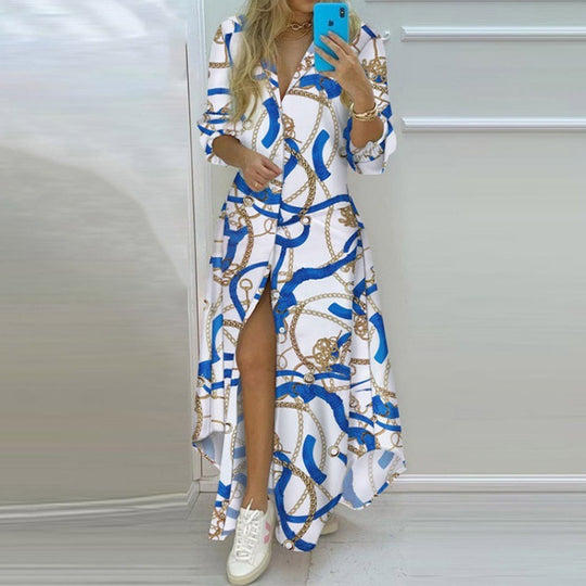 Damen Maxikleid mit Aufdruck im Zeitungslayout und seitlichem Schlitz EB
