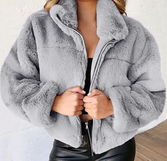 Damen nan kurze kuschelige Kunstpelzjacke mit Stehkragen und Reißverschluss EB