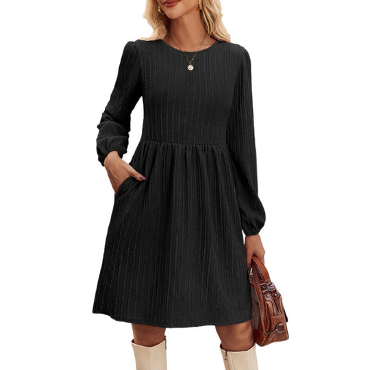 Damen Casual Langarm Plissee Kleid EB