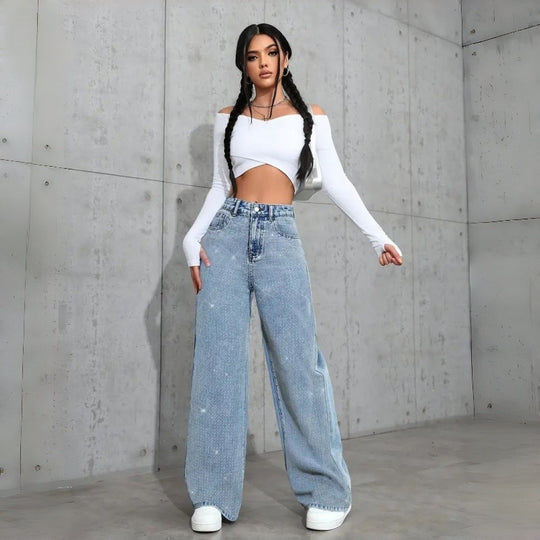 Damen Elegante High-Waist Jeans im weiten Schnitt mit glitzerndem Detail EB
