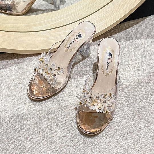 Damen elegante und durchsichtige Mules mit floralem Schmuckdetail EB
