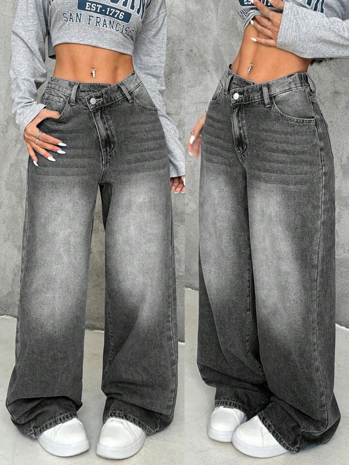 Damen Weite Jeans mit tiefem Schritt und angesagtem Used-Look EB