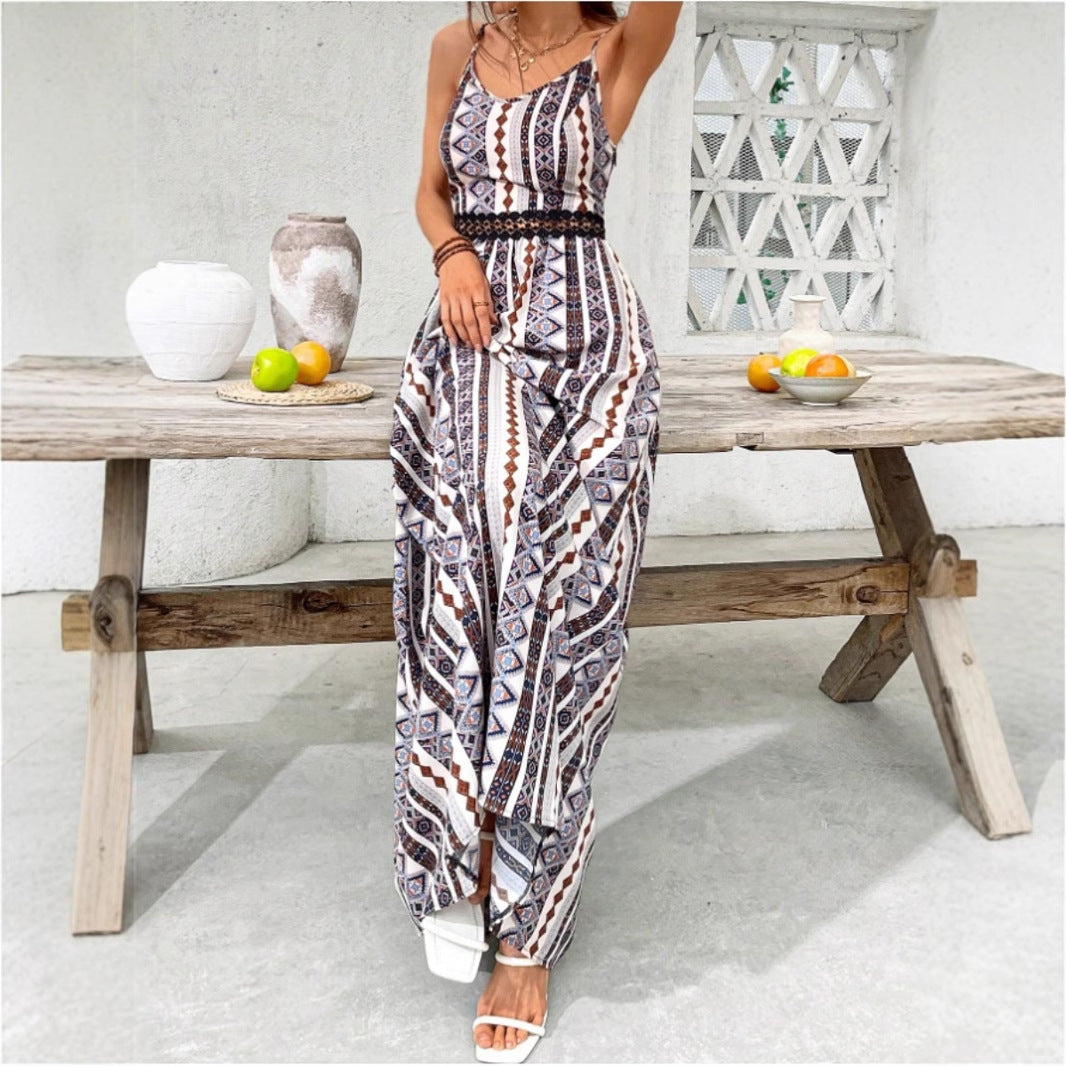 Damen Maxikleid mit bohemian Muster und raffiniertem elastischem Taillenband EB