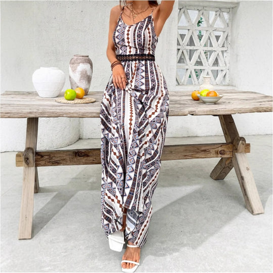 Damen Maxikleid mit bohemian Muster und raffiniertem elastischem Taillenband EB