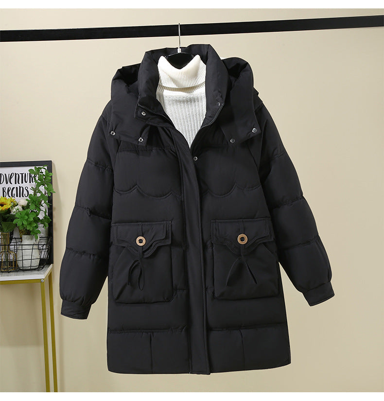 Damen Lange Pufferjacke mit praktischem Kapuzenkragen und großen Taschen EB