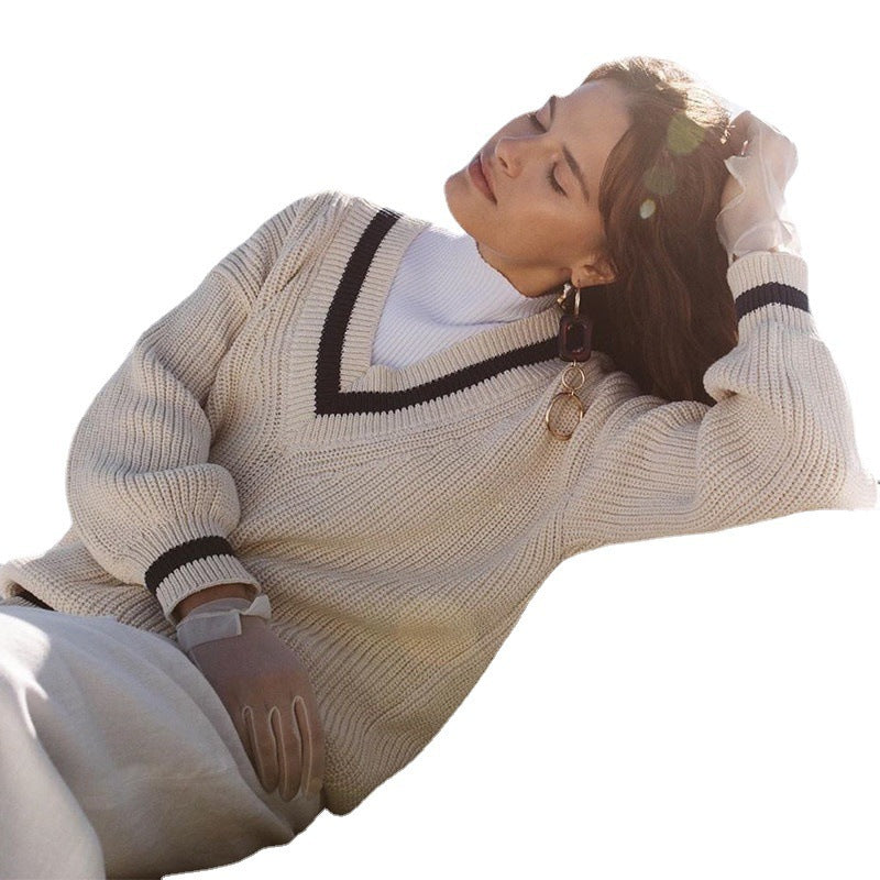 Damen Strickpullover mit V-Ausschnitt und Ballonärmel EB