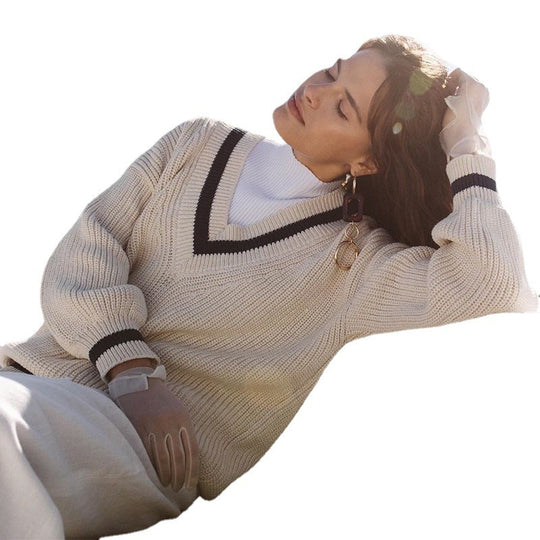 Damen Strickpullover mit V-Ausschnitt und Ballonärmel EB