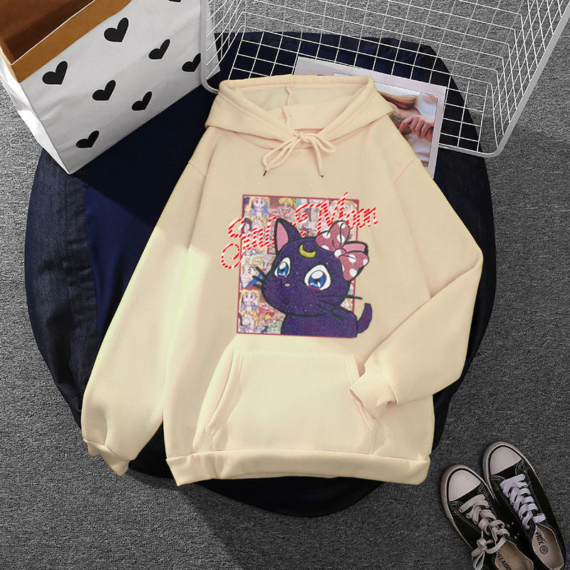 Damen nan Oversize-Kapuzenpullover mit glitzerndem Anime-Katzen-Motiv, Kängurutasche und weichem Fleece-Innenfutter EB