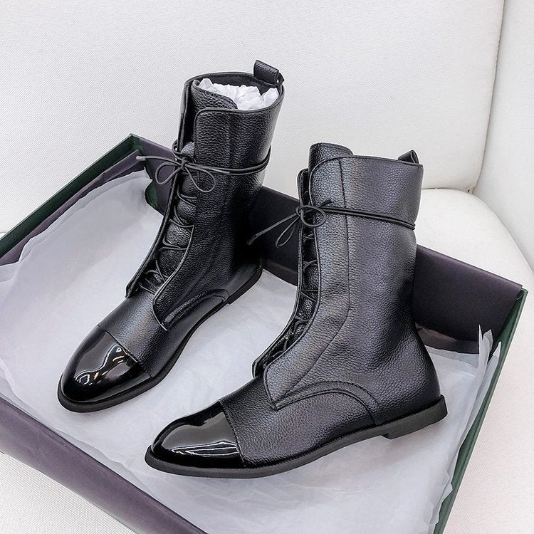Damen  knöchelhohe Schnürstiefel mit spitzer Kappenausführung und genarbter Lederoptik EB