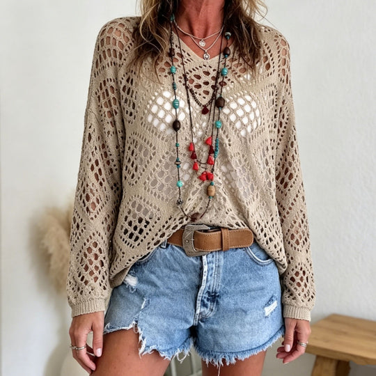 Damen Grobstrick-Häkelpullover mit offenen Maschen und V‑Ausschnitt EB