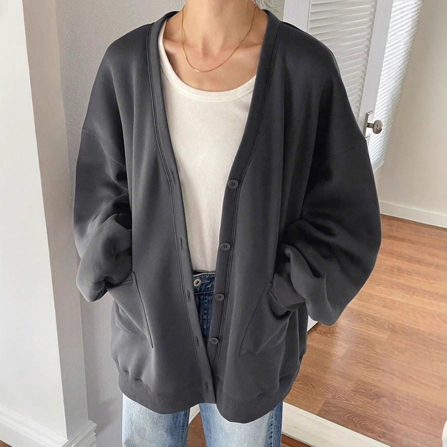 Damen Oversized Sweatcardigan mit Knopfleiste, aufgesetzten Taschen und überschnittener Schulter EB