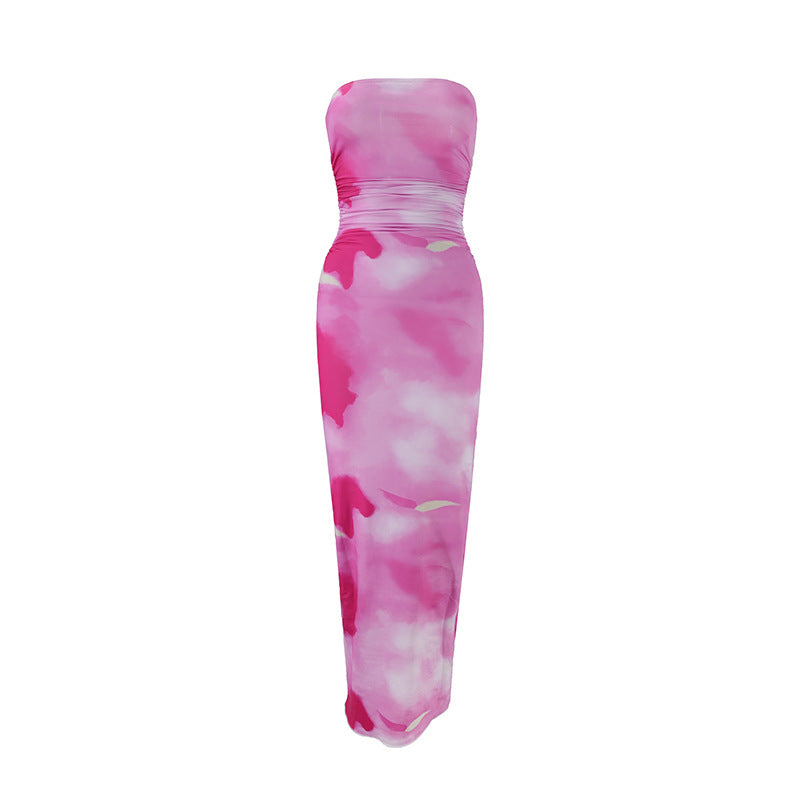 Damen elegantes, trägerloses Maxikleid mit raffiniertem Mustermix EB