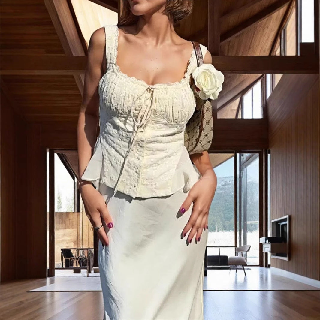Damen elegantes Maxikleid mit schulterfreiem Design und raffinierten Rüschendetails EB