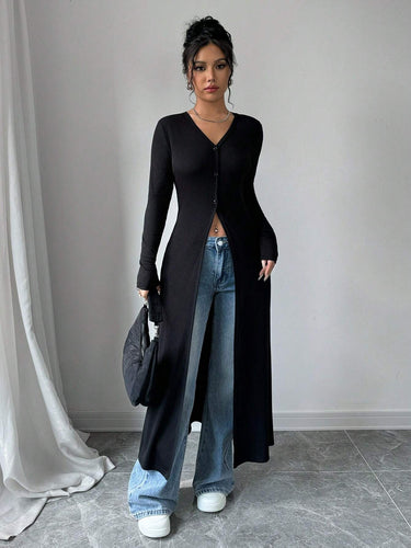 Damen Langstrickjacke mit V-Ausschnitt und Knopfverschluss EB