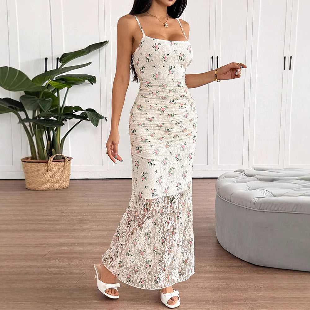 Damen Maxikleid mit raffiniertem Spitzenbesatz und floralem Design EB