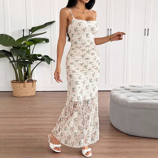 Damen Maxikleid mit raffiniertem Spitzenbesatz und floralem Design EB