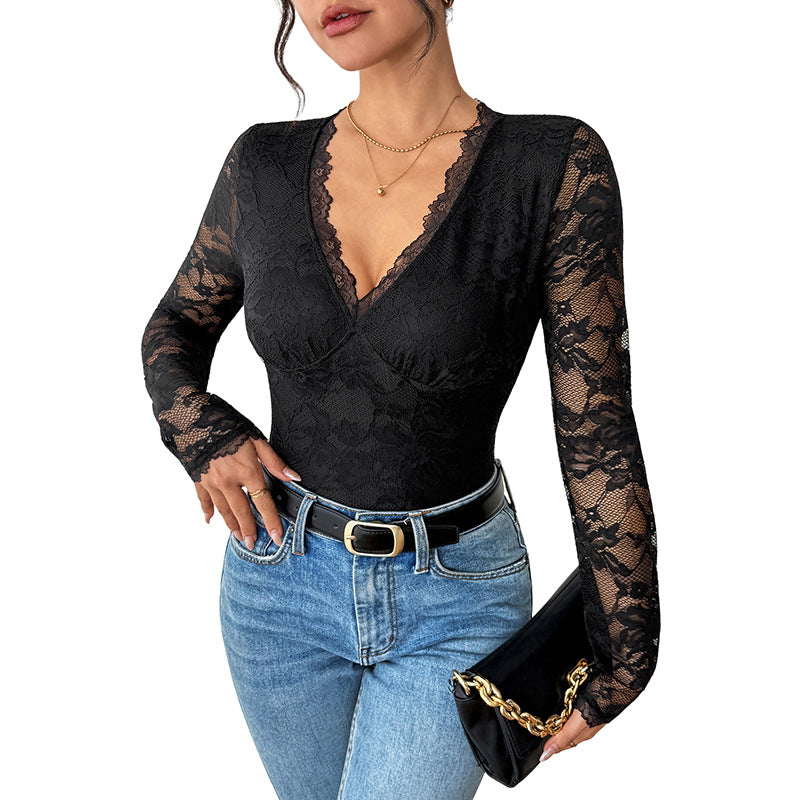 Damen Eleganter Spitzen-Body mit Korsett-Teilung und langen Transparentärmeln EB
