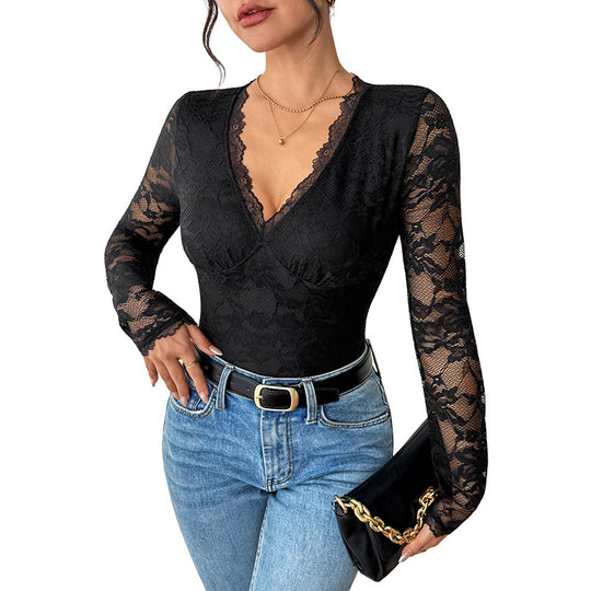 Damen Eleganter Spitzen-Body mit Korsett-Teilung und langen Transparentärmeln EB