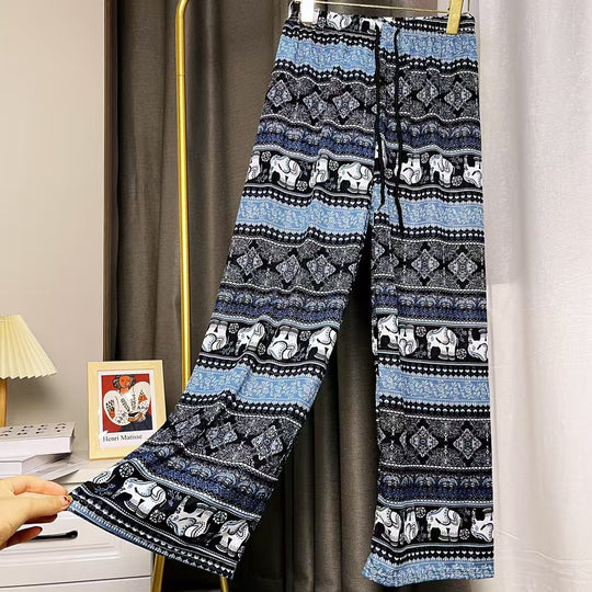 Damen Lässige Palazzo-Hose mit Elefantenmuster und elastischem Bund EB
