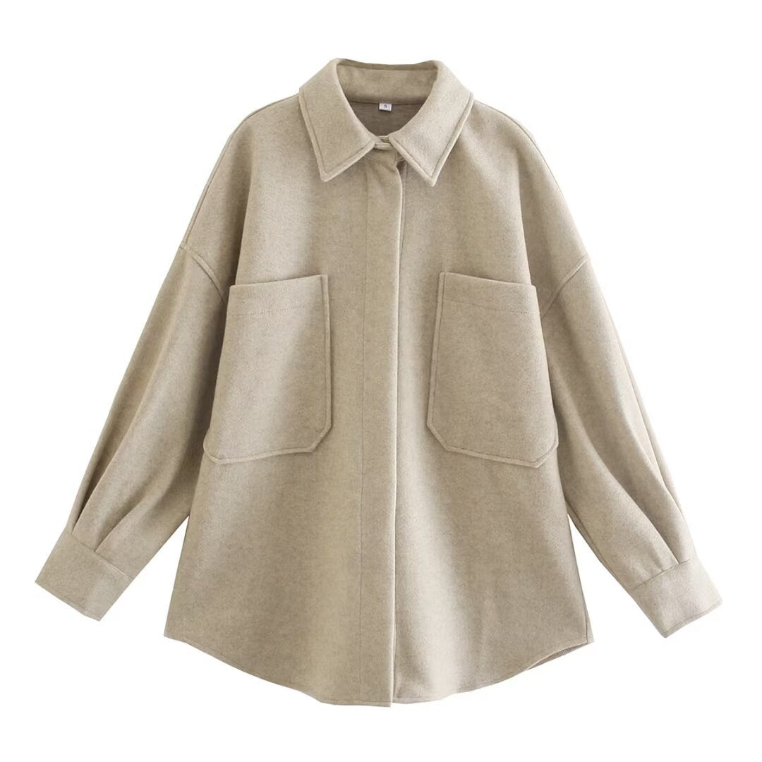 Damen Oversized Hemdjacke aus hochwertigem Wollmix mit praktischen Taschen EB