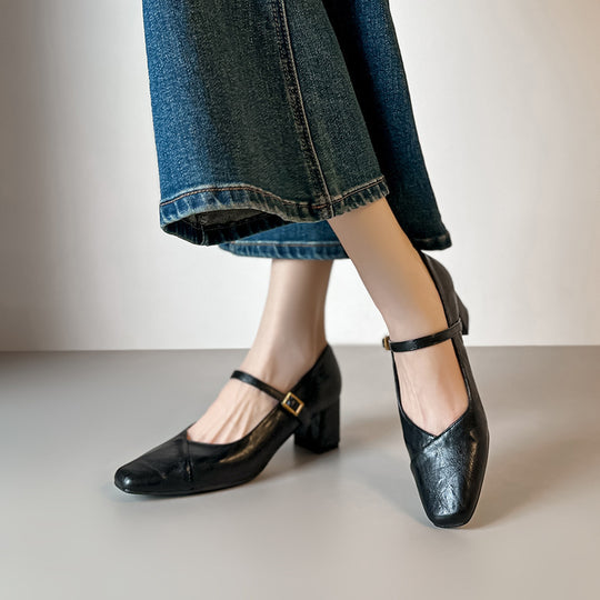 Damen Mary Jane Pumps mit Blockabsatz und eleganter Schnalle EB