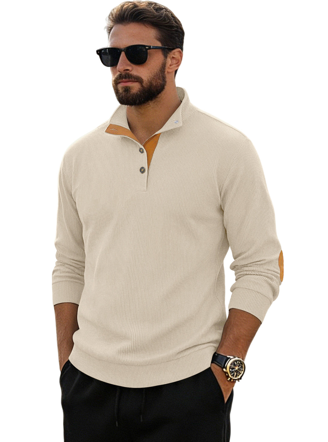 Herren nan fein gerippter Strickpullover mit Polokragen Knopfleiste und Ellenbogenbesatz EB