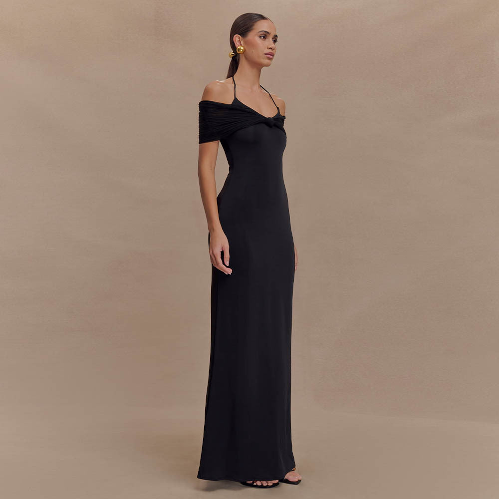 Damen Elegantes Maxi-Kleid mit schulterfreien Raffungen EB
