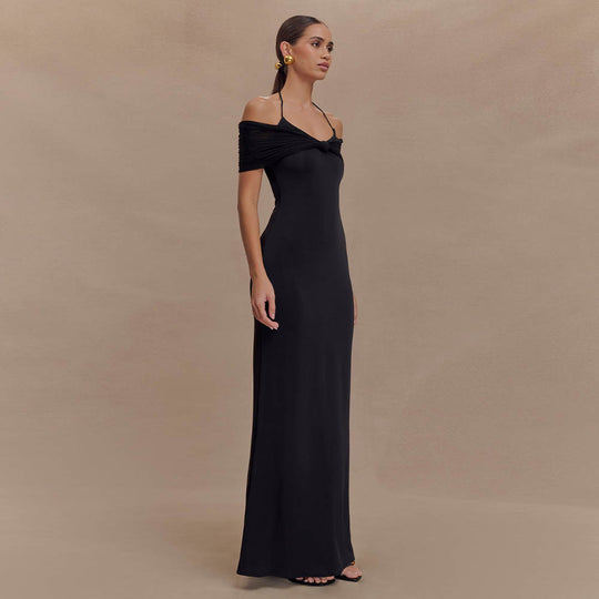 Damen Elegantes Maxi-Kleid mit schulterfreien Raffungen EB