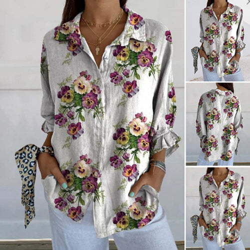 Damen Leinenbluse mit floralen Akzenten Heidi-Mode