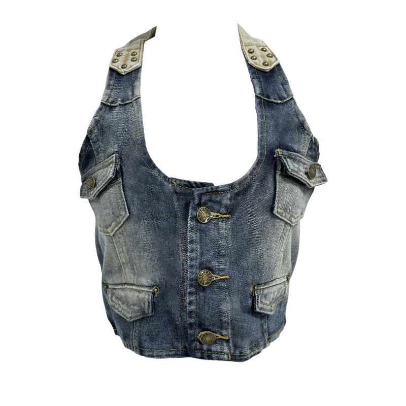 Damen Crop-Top aus Denim mit dekorativen Knopfdetails und tiefem V-Ausschnitt EB